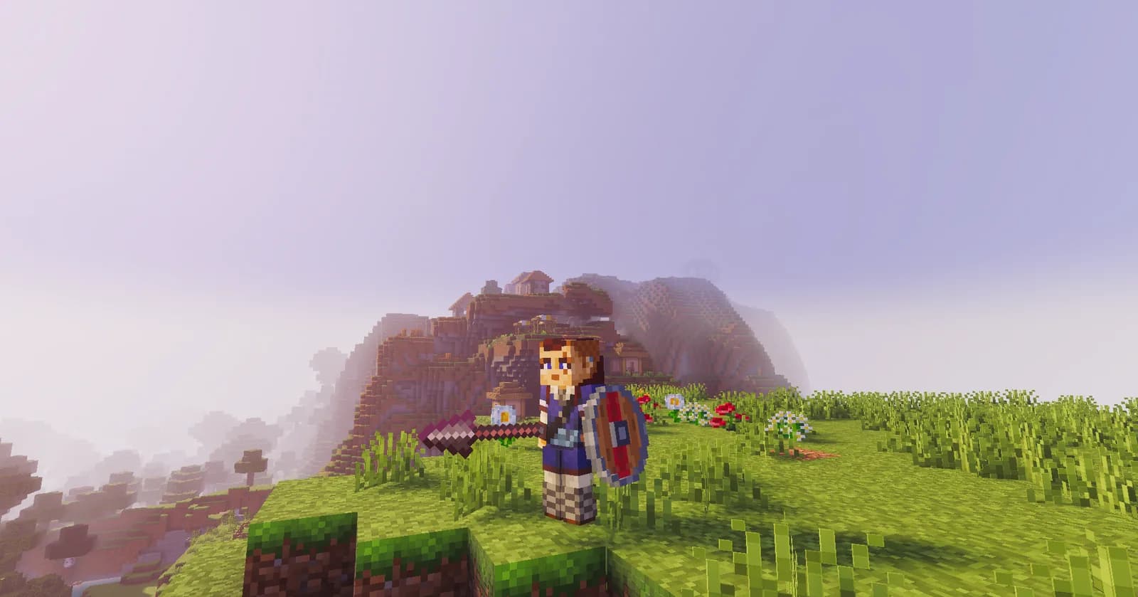 Personaje con escudo rojo y espada en una colina de Minecraft