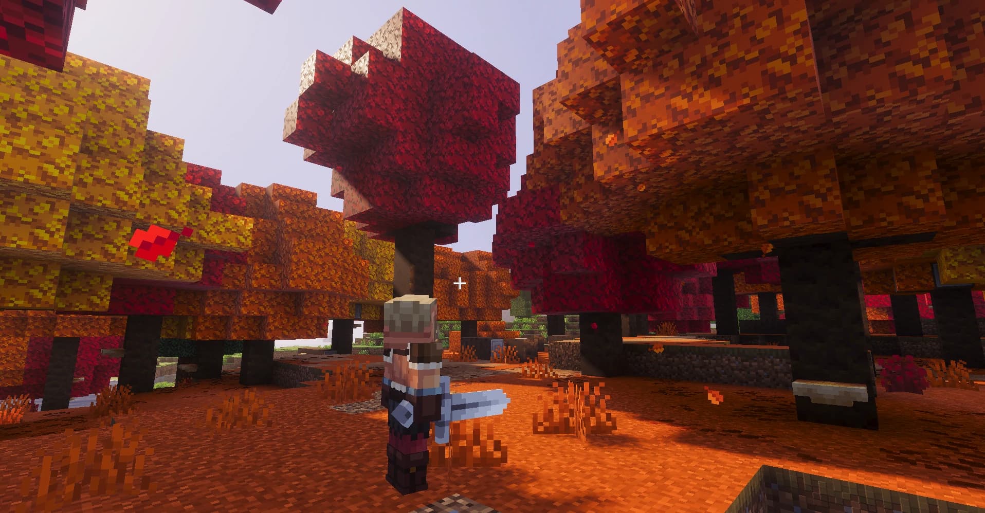 Personaje explorando un bosque otoñal en Minecraft con NextCam